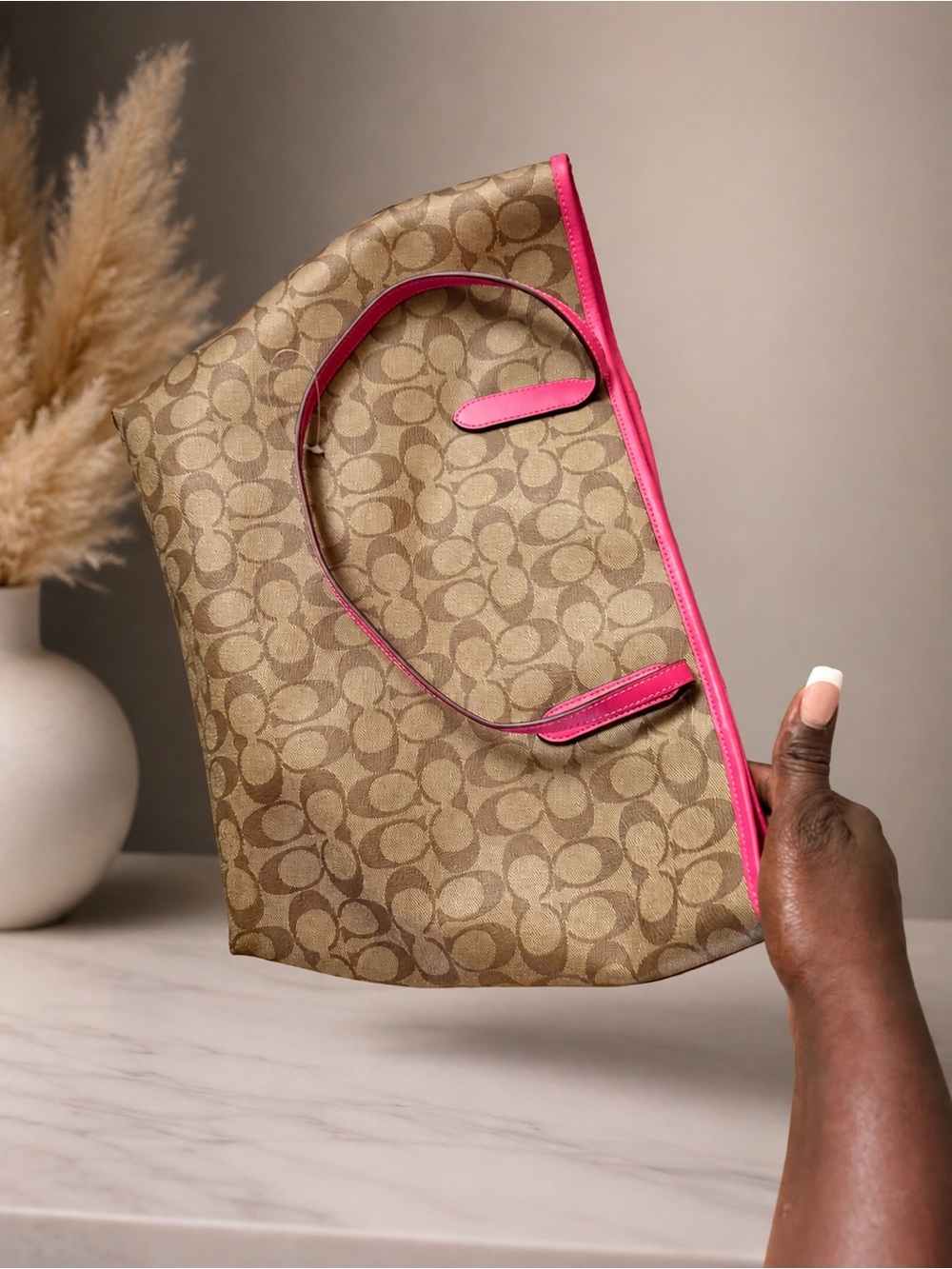 Coach Beige Signature Canvas Tote with Pink Trim